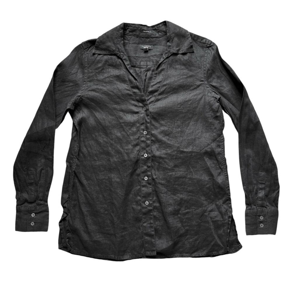 Talbots Irish Linen Shirt Button Up Black Minimalist Lagenlook Coastal Preppy